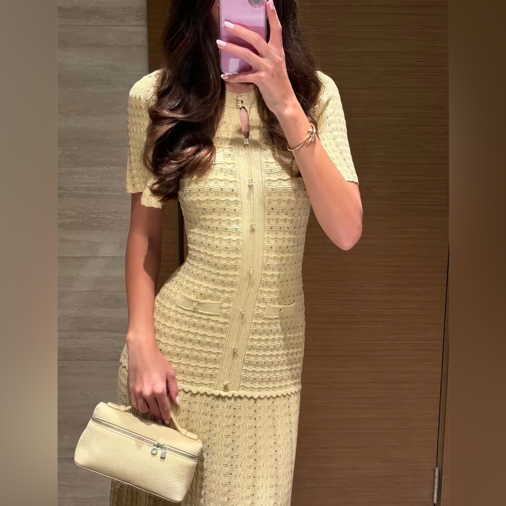 Sandro Pale Yellow Knit Midi Dress with Zip Front